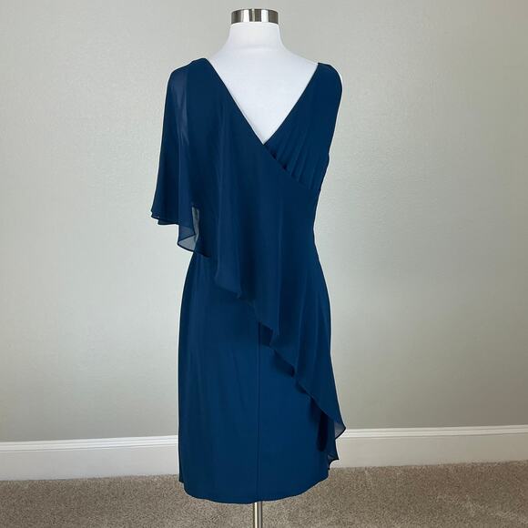 Ralph Lauren Ruffled Beaded Midi Sheath Cocktail Dress Blue Size 8 Draped V-Neck - Picture 6 of 13